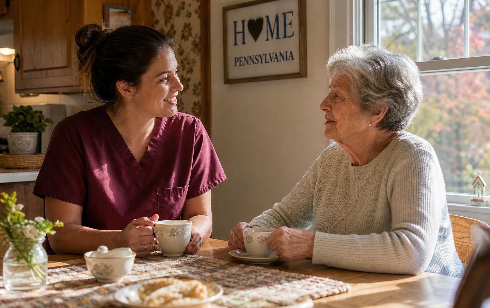 A home health aide visits with an older adult at home in Pennsylvania
